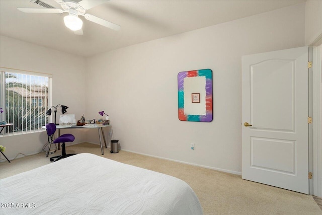 bedroom with light colored carpet and ceiling fan