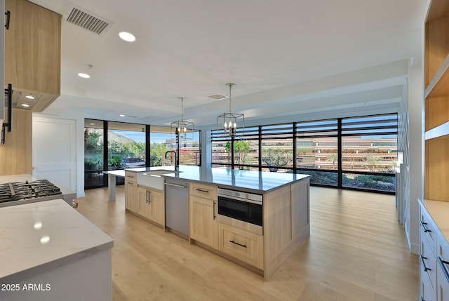 kitchen featuring visible vents, stainless steel appliances, light brown cabinetry, light wood-style floors, and a sink