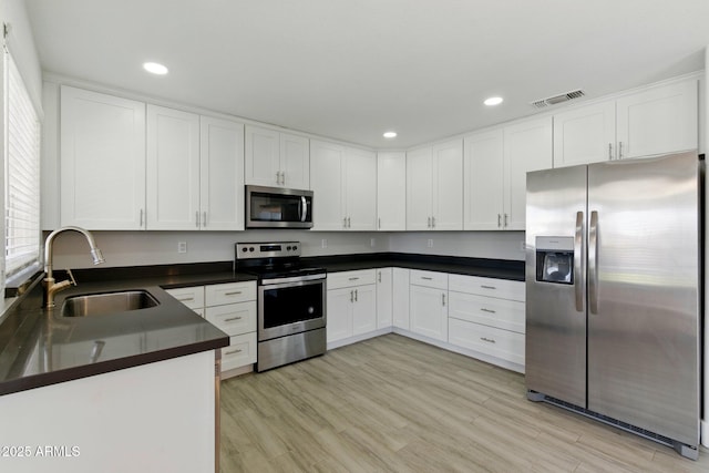 kitchen featuring appliances with stainless steel finishes, a sink, dark countertops, white cabinetry, and recessed lighting