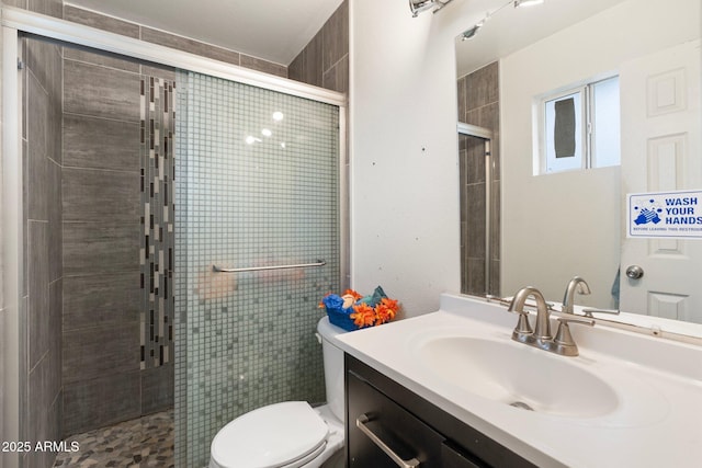 bathroom featuring an enclosed shower, vanity, and toilet