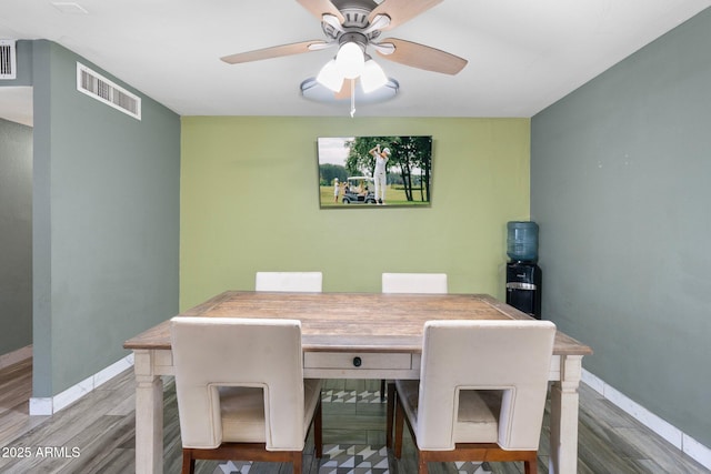 dining area with hardwood / wood-style flooring and ceiling fan