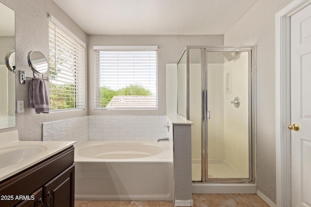 13420 W Berridge Ln, Litchfield Park, AZ 85340 - bathroom with vanity, a stall shower, a bath, and tile patterned floors