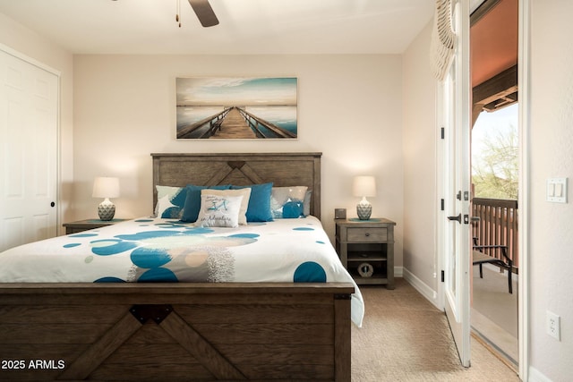 17665 N 93rd Way, Scottsdale, AZ 85255 - bedroom with light colored carpet, baseboards, access to exterior, and ceiling fan