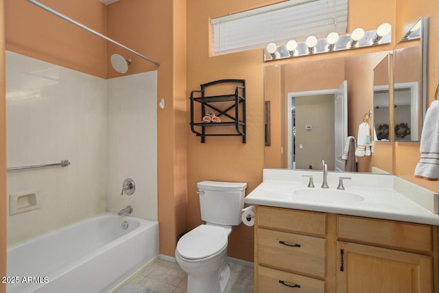 full bathroom featuring shower / bathtub combination, vanity, toilet, and tile patterned flooring