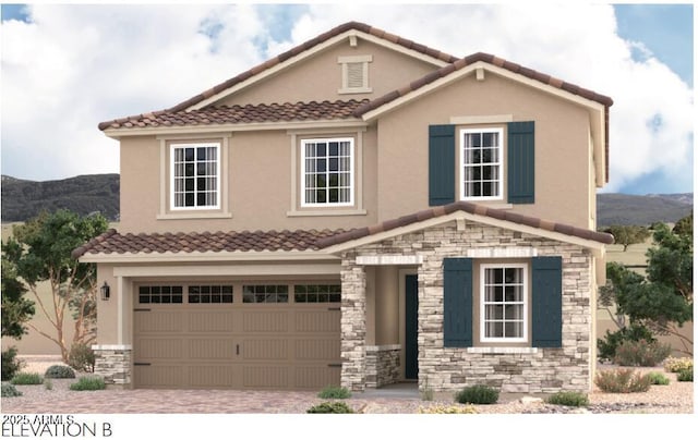 16980 W Winston Dr, Goodyear, AZ 85338 - view of front of property featuring an attached garage, a tile roof, stone siding, and driveway
