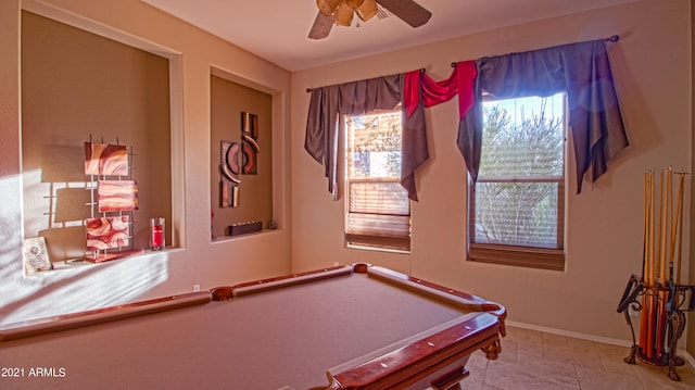 playroom featuring ceiling fan, billiards, and a wealth of natural light