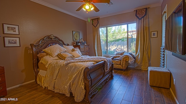 bedroom with crown molding, ceiling fan, and dark hardwood / wood-style flooring