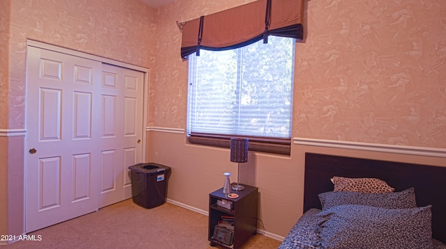 bedroom with a closet and light carpet