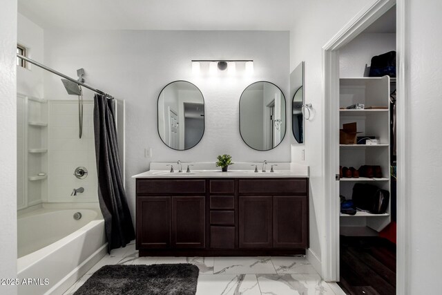 3715 S 57th Ln, Phoenix, AZ 85043 - bathroom featuring marble look tiles, shower / bathtub combination with curtain, and double vanity