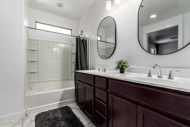 3715 S 57th Ln, Phoenix, AZ 85043 - bathroom with double vanity, shower / bath combination with curtain, and marble finish flooring