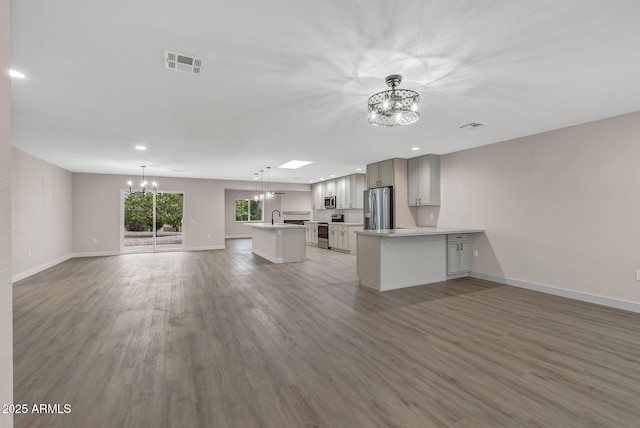 kitchen featuring an inviting chandelier, wood-type flooring, appliances with stainless steel finishes, sink, and pendant lighting