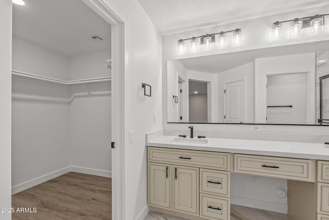 bathroom with hardwood / wood-style flooring and vanity