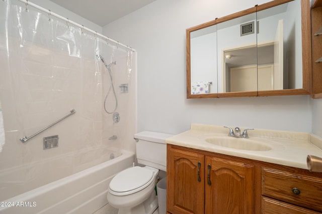 full bathroom featuring vanity, toilet, and shower / bathtub combination with curtain