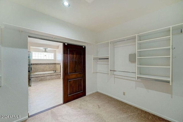 walk in closet featuring carpet flooring