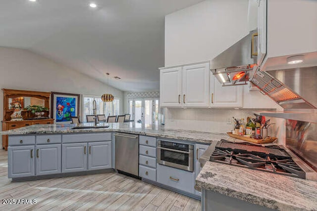 kitchen featuring stainless steel appliances, sink, white cabinets, and kitchen peninsula