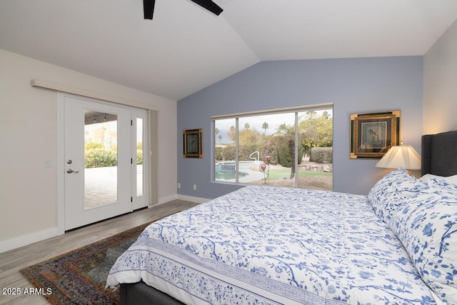 bedroom with lofted ceiling, access to exterior, light hardwood / wood-style flooring, and ceiling fan