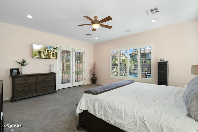 bedroom with visible vents, carpet, recessed lighting, a ceiling fan, and access to outside