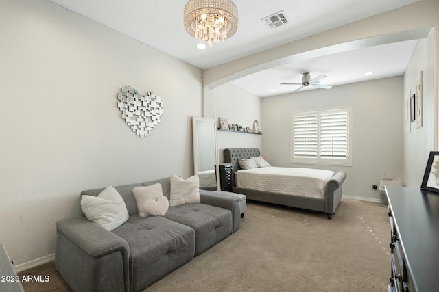 bedroom featuring visible vents, recessed lighting, carpet floors, baseboards, and a chandelier