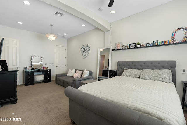 bedroom featuring visible vents, carpet floors, beam ceiling, recessed lighting, and ceiling fan