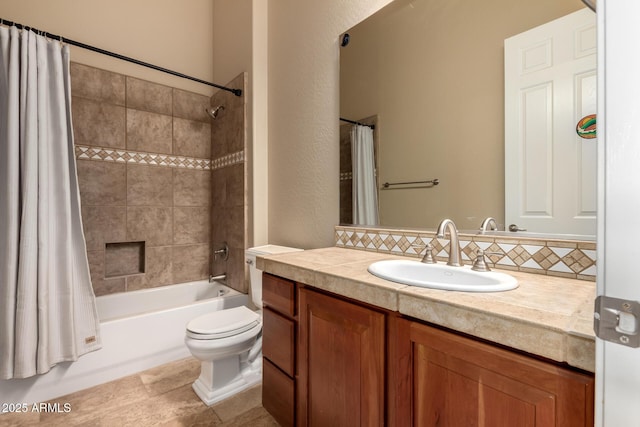 full bathroom with decorative backsplash, vanity, shower / tub combo, and toilet