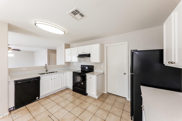 kitchen featuring ceiling fan, sink, black appliances, white cabinets, and light tile patterned flooring