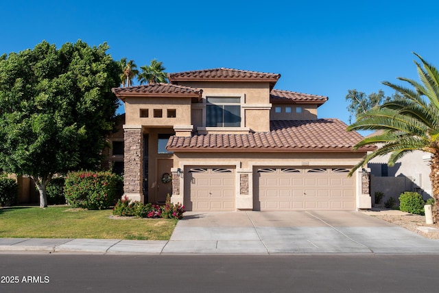2224 W Olive Way, Chandler, AZ 85248 - mediterranean / spanish house featuring stucco siding, concrete driveway, a tiled roof, and a front lawn