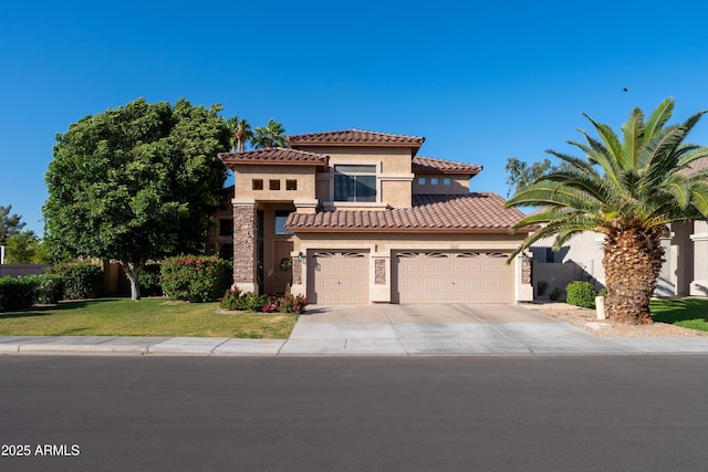 2224 W Olive Way, Chandler, AZ 85248 - mediterranean / spanish-style home featuring stucco siding, driveway, a tiled roof, a front yard, and a garage