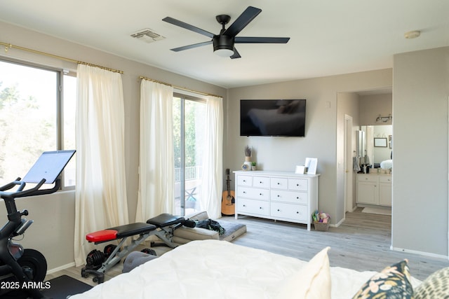 2224 W Olive Way, Chandler, AZ 85248 - bedroom with light wood-style floors, connected bathroom, baseboards, and access to outside