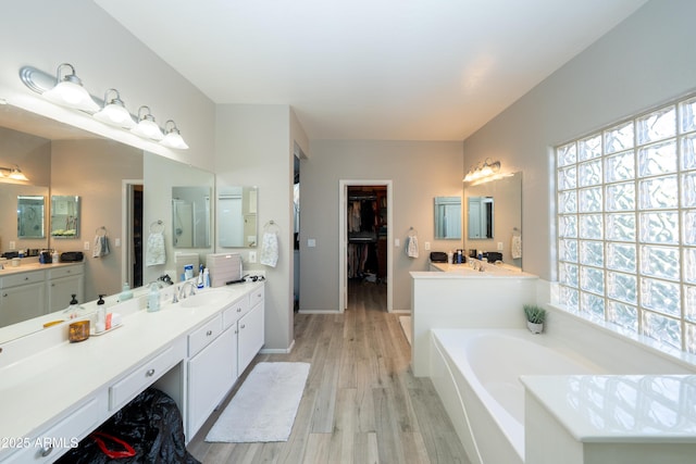 2224 W Olive Way, Chandler, AZ 85248 - bathroom with wood finished floors, a walk in closet, a bath, two vanities, and baseboards