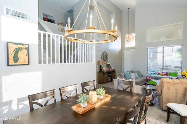 2224 W Olive Way, Chandler, AZ 85248 - dining space with a high ceiling, a chandelier, and wood finished floors