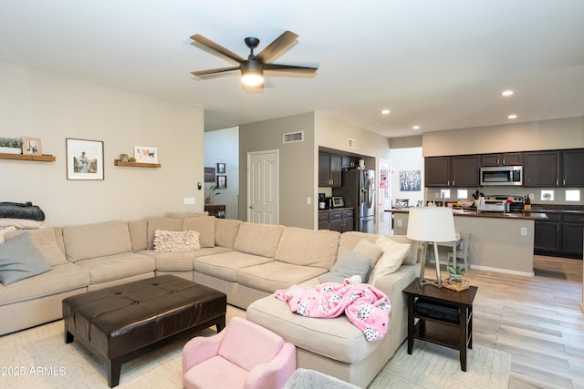 2224 W Olive Way, Chandler, AZ 85248 - living room featuring recessed lighting, light wood finished floors, and ceiling fan