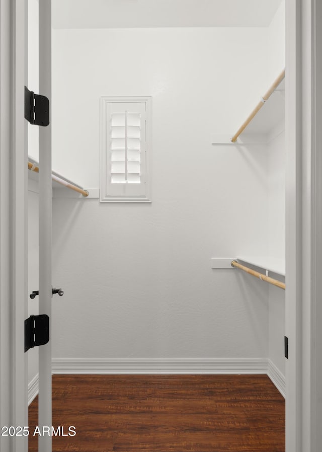 walk in closet with wood finished floors