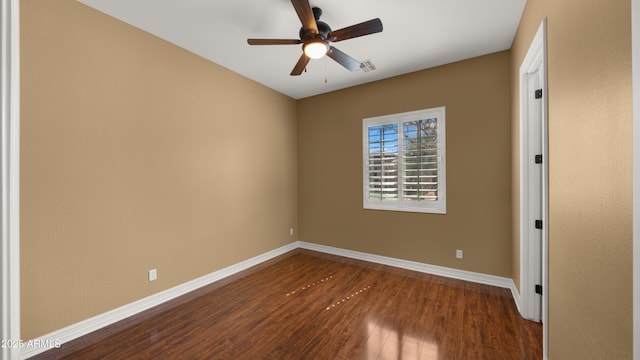 unfurnished bedroom featuring visible vents, a ceiling fan, baseboards, and dark wood-style flooring