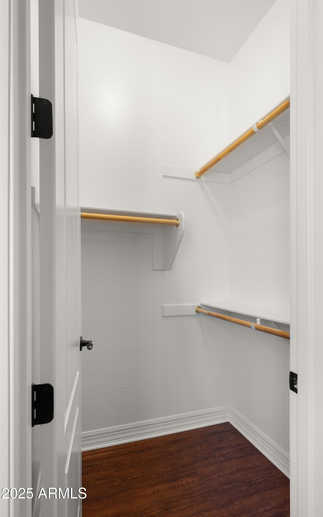 spacious closet with dark wood finished floors