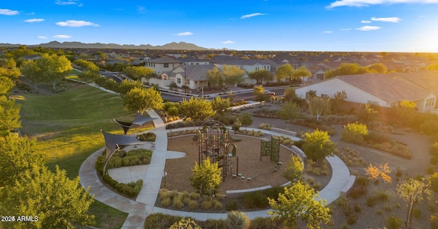 aerial view featuring a residential view and a mountain view