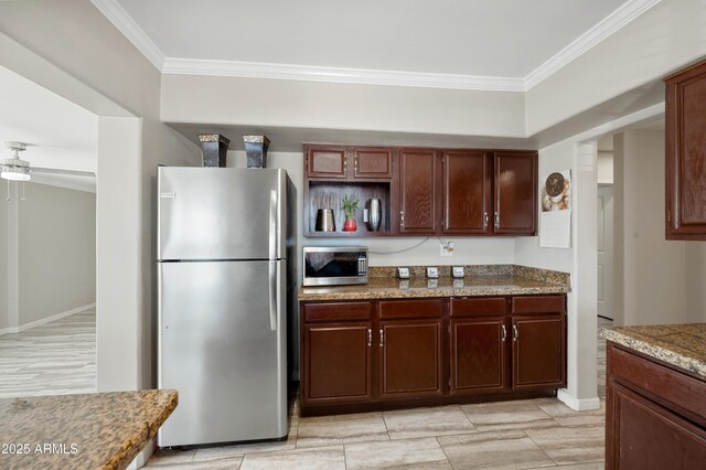 405 W Monte Way, Phoenix, AZ 85041 - kitchen featuring appliances with stainless steel finishes, crown molding, ceiling fan, baseboards, and open shelves