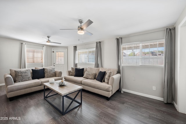 405 W Monte Way, Phoenix, AZ 85041 - living area with healthy amount of natural light, dark wood-type flooring, baseboards, and ceiling fan