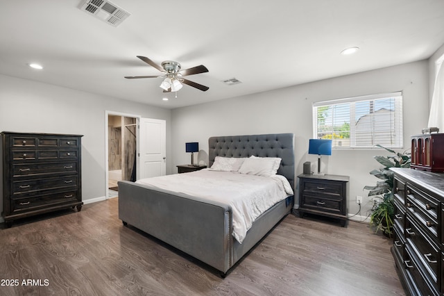 405 W Monte Way, Phoenix, AZ 85041 - bedroom featuring dark wood-style floors, recessed lighting, ceiling fan, baseboards, and ensuite bath