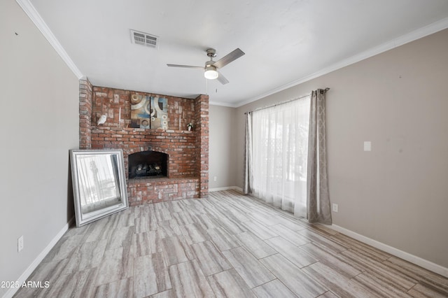 405 W Monte Way, Phoenix, AZ 85041 - unfurnished living room featuring a ceiling fan, a fireplace, wood finished floors, baseboards, and ornamental molding