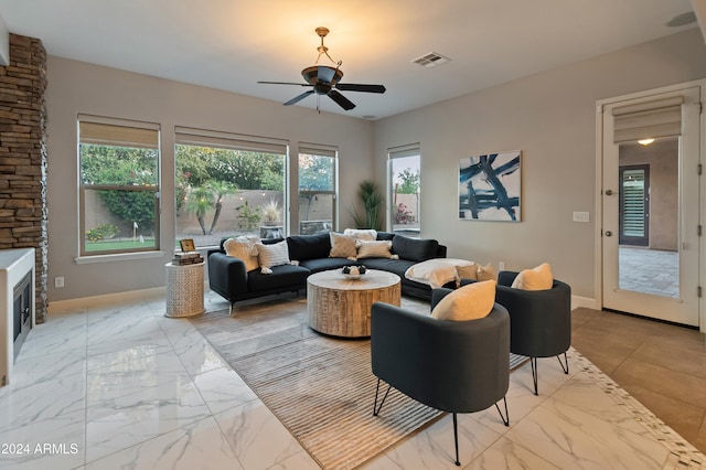 living room with ceiling fan