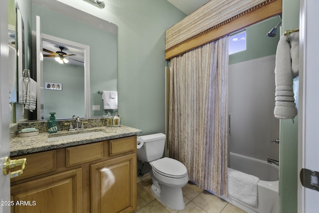 bathroom with shower / tub combo, toilet, ceiling fan, vanity, and tile patterned floors