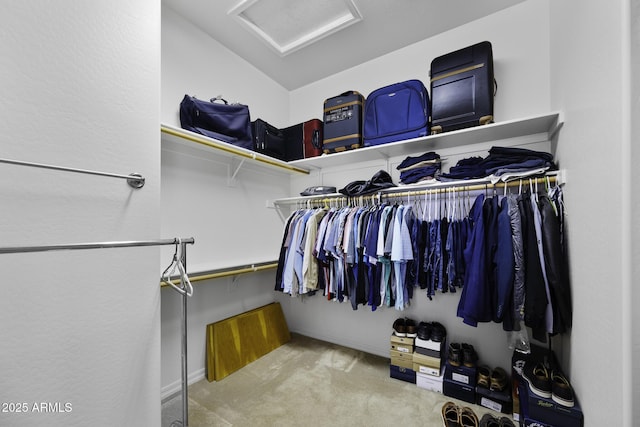 walk in closet featuring attic access and carpet floors