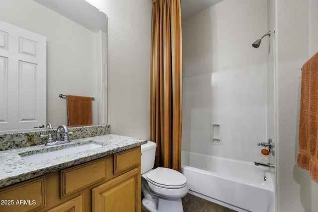 bathroom with shower / tub combo with curtain, vanity, toilet, and tile patterned flooring