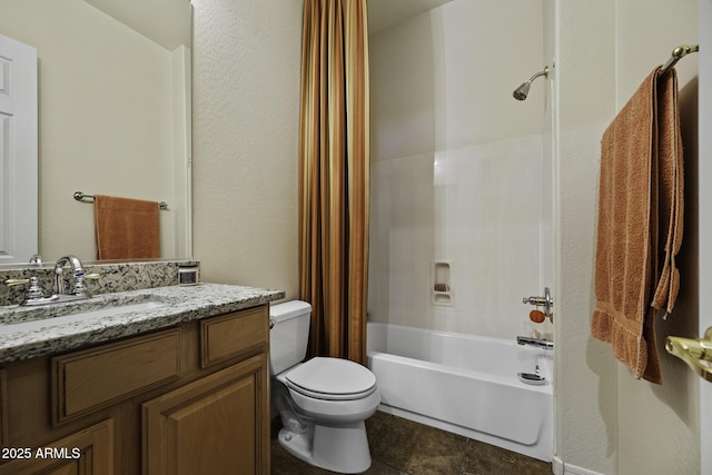 bathroom with toilet, shower / tub combo with curtain, and vanity