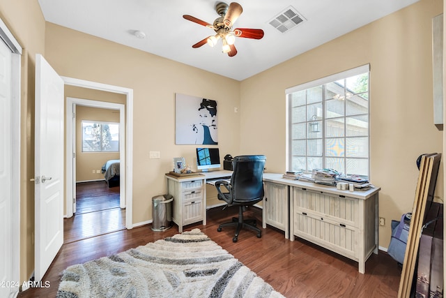 office space with ceiling fan, a wealth of natural light, and dark hardwood / wood-style floors