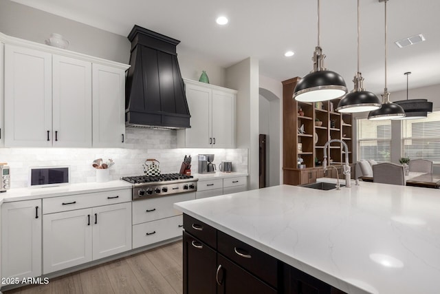 2605 S Quaintance St, Gilbert, AZ 85295 - kitchen with stainless steel gas stovetop, custom exhaust hood, a sink, tasteful backsplash, and white cabinetry