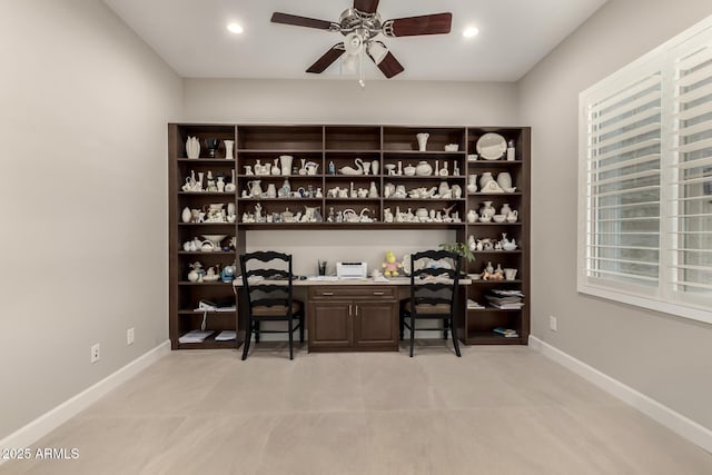 2605 S Quaintance St, Gilbert, AZ 85295 - home office featuring built in desk, ceiling fan, baseboards, and recessed lighting