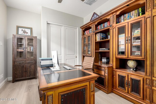 2605 S Quaintance St, Gilbert, AZ 85295 - office area with light wood-type flooring, a ceiling fan, and baseboards