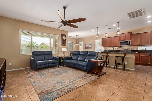 291 E Canyon Rock Rd, San Tan Valley, AZ 85143 - living area with a ceiling fan, visible vents, recessed lighting, and light tile patterned floors