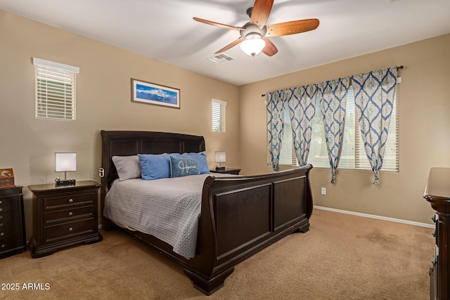 291 E Canyon Rock Rd, San Tan Valley, AZ 85143 - bedroom featuring ceiling fan, light carpet, visible vents, and baseboards